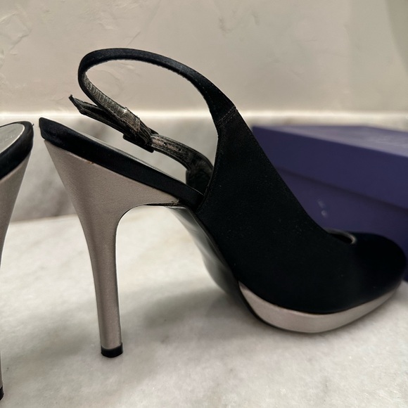 Stuart Weitzman Black Satin Heel Slingbacks - Picture 4 of 8